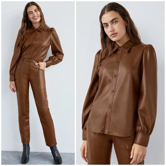 NWT Aritzia Wilfred Mila Vegan Leather Puff Sleeve Button Down Shirt Small - Picture 1 of 12